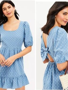 LOFT Light Blue Mini Dress with White Dot Print